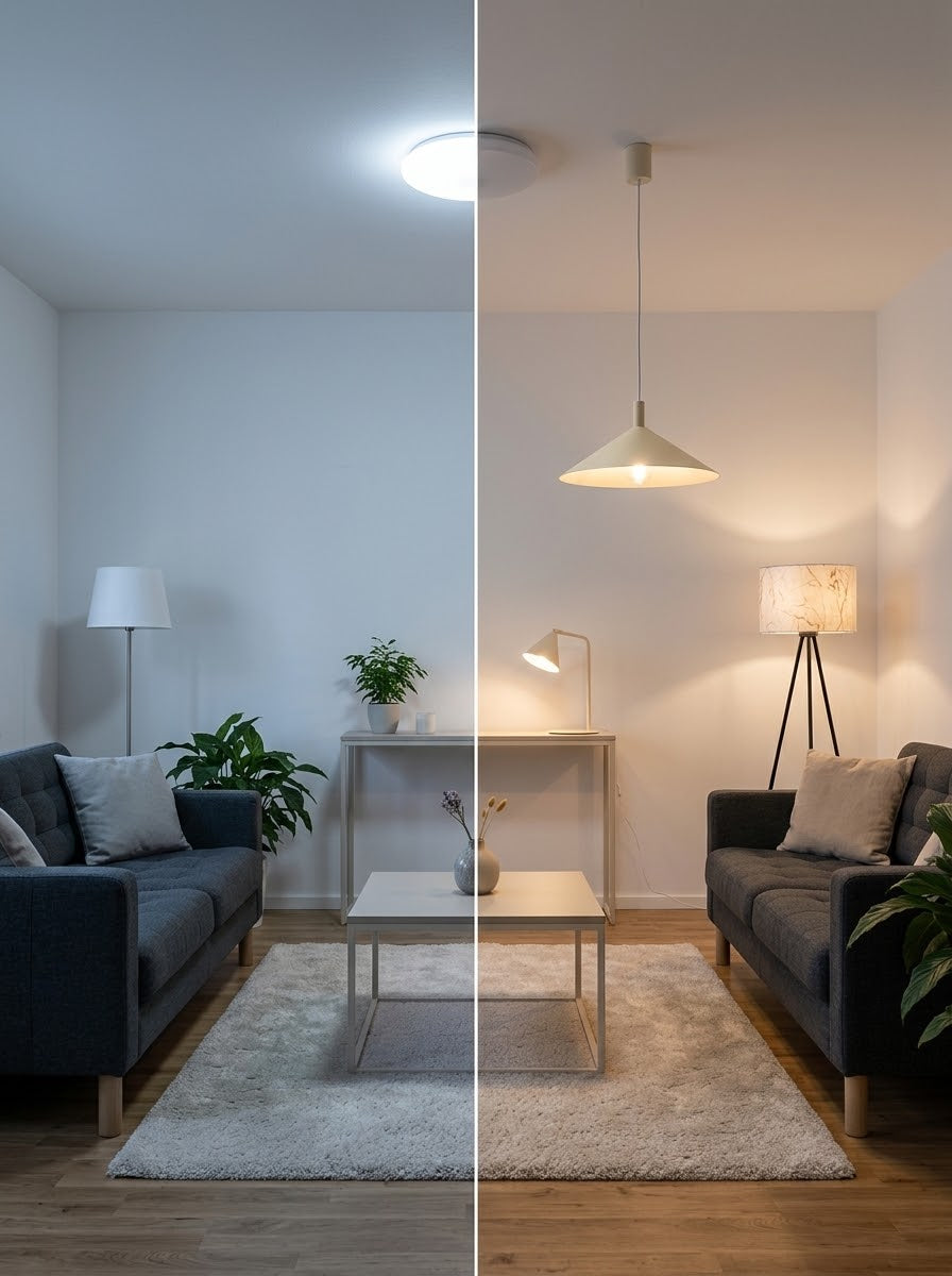 Gleiches Wohnzimmer vorher mit kaltem Licht und nachher mit Designerleuchten